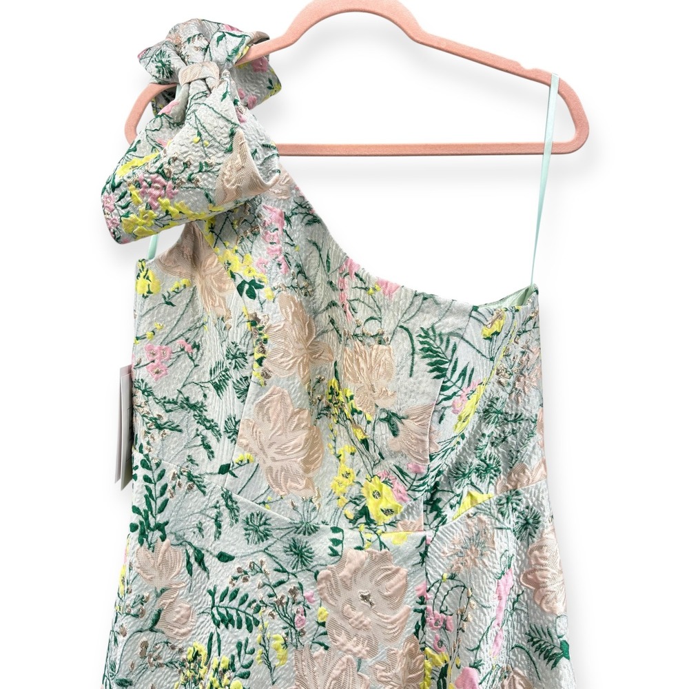 Mac Duggal One-Shoulder Floral Gown in Pastel Green and Pink - Picture 7 of 16